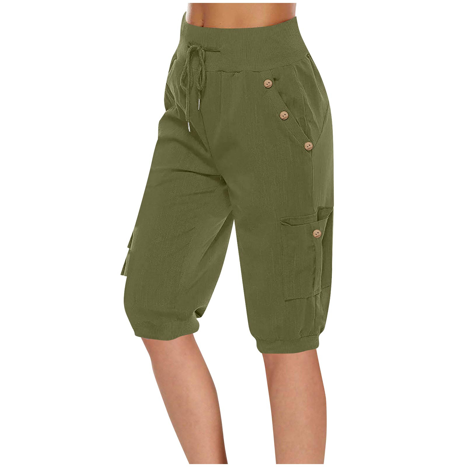 Tdoqot Womens Cargo Shorts with Pockets Knee length- Cotton Linen High Rise Elastic Waist Casual Drawstring Shorts Army Green S-3XL